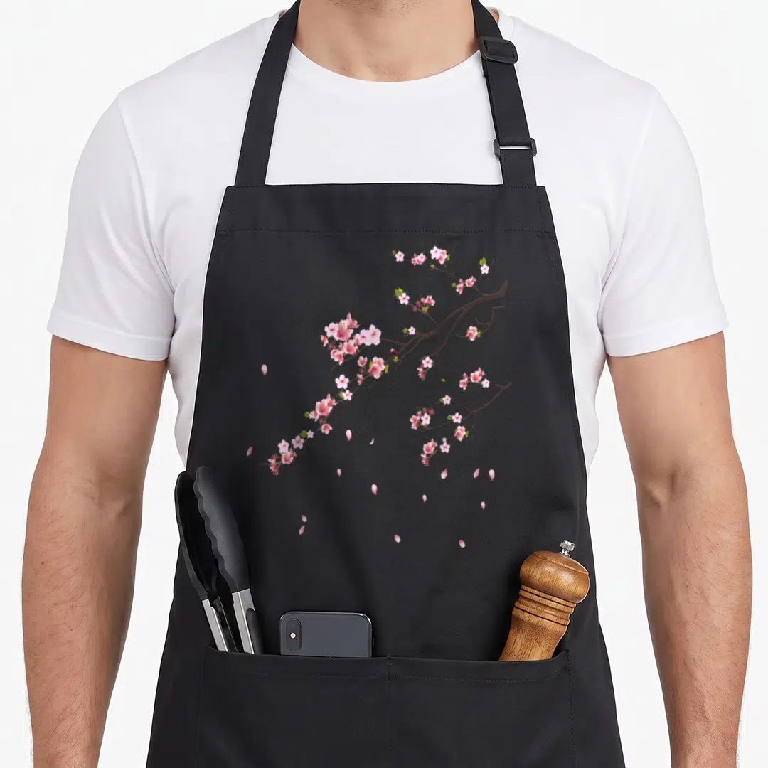 Spring cherry print apron - Realistic cherry blossom branch with pink flowers and scattered petals on brown limbs — shown on a black cotton canvas apron against a white background