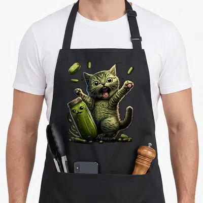 Gherkin cat lady apron - Cartoon green cat behind pickle jar with floating pickles and scattered gherkins on ground — shown on a black cotton canvas apron against a white background