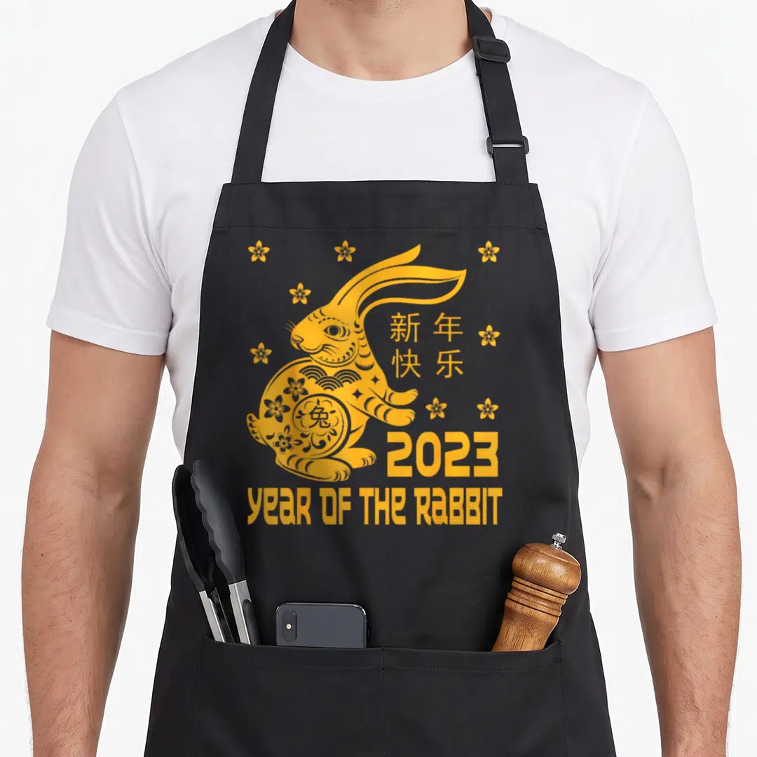 Chinese rabbit apron - Orange line-art rabbit with Chinese characters and 2023 Year of the Rabbit text — shown on a black cotton canvas apron against a white background