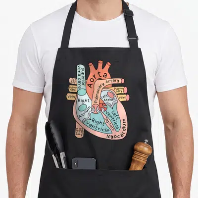 Anatomical nursing student apron - Cartoon heart diagram with labels like Aorta, valves, and ventricles in pink, blue — shown on a black cotton canvas apron against a white background
