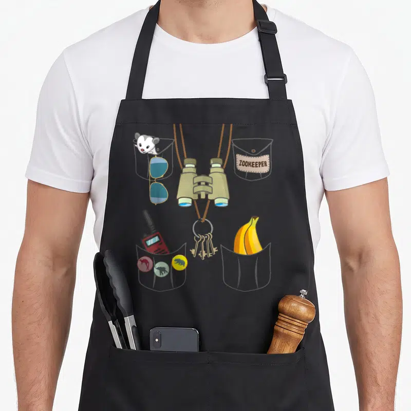 Explorer halloween apron - Cartoon zookeeper vest with binoculars, keys, walkie talkie, sunglasses, banana, and mouse — shown on a black cotton canvas apron against a white background