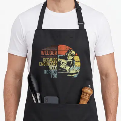 Welder engineer apron - Distressed text Welder Because Engineers Need Heroes Too beside welder silhouette in orange — shown on a black cotton canvas apron against a white background