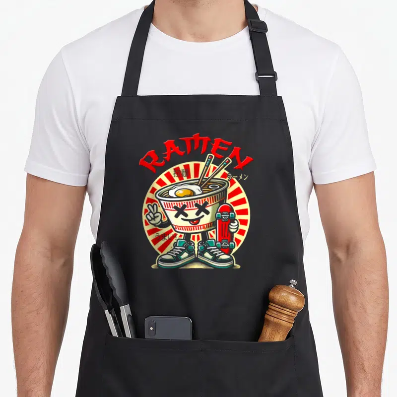 Skateboard anime apron - Cartoon ramen bowl with X eyes holding a red skateboard under arched RAMEN text and Japanese — shown on a black cotton canvas apron against a white background
