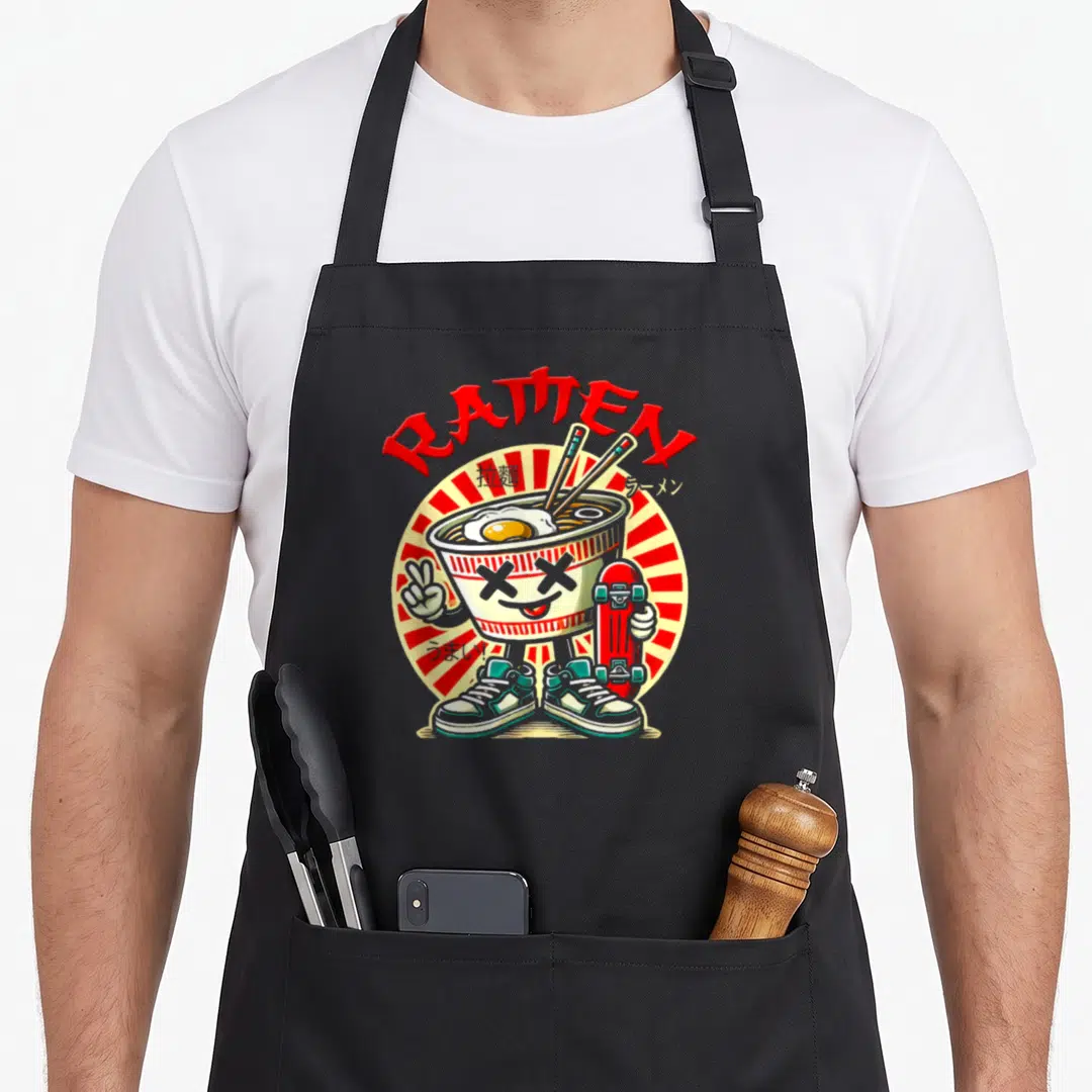 Skateboard anime apron - Cartoon ramen bowl with X eyes holding a red skateboard under arched RAMEN text and Japanese — shown on a black cotton canvas apron against a white background