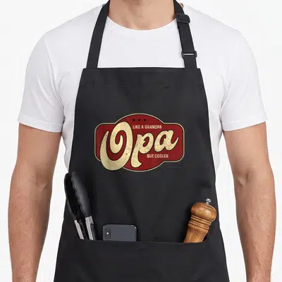 Opa but grandpa apron - Red badge with beige Opa text and three black stars — shown on a black cotton canvas apron against a white background