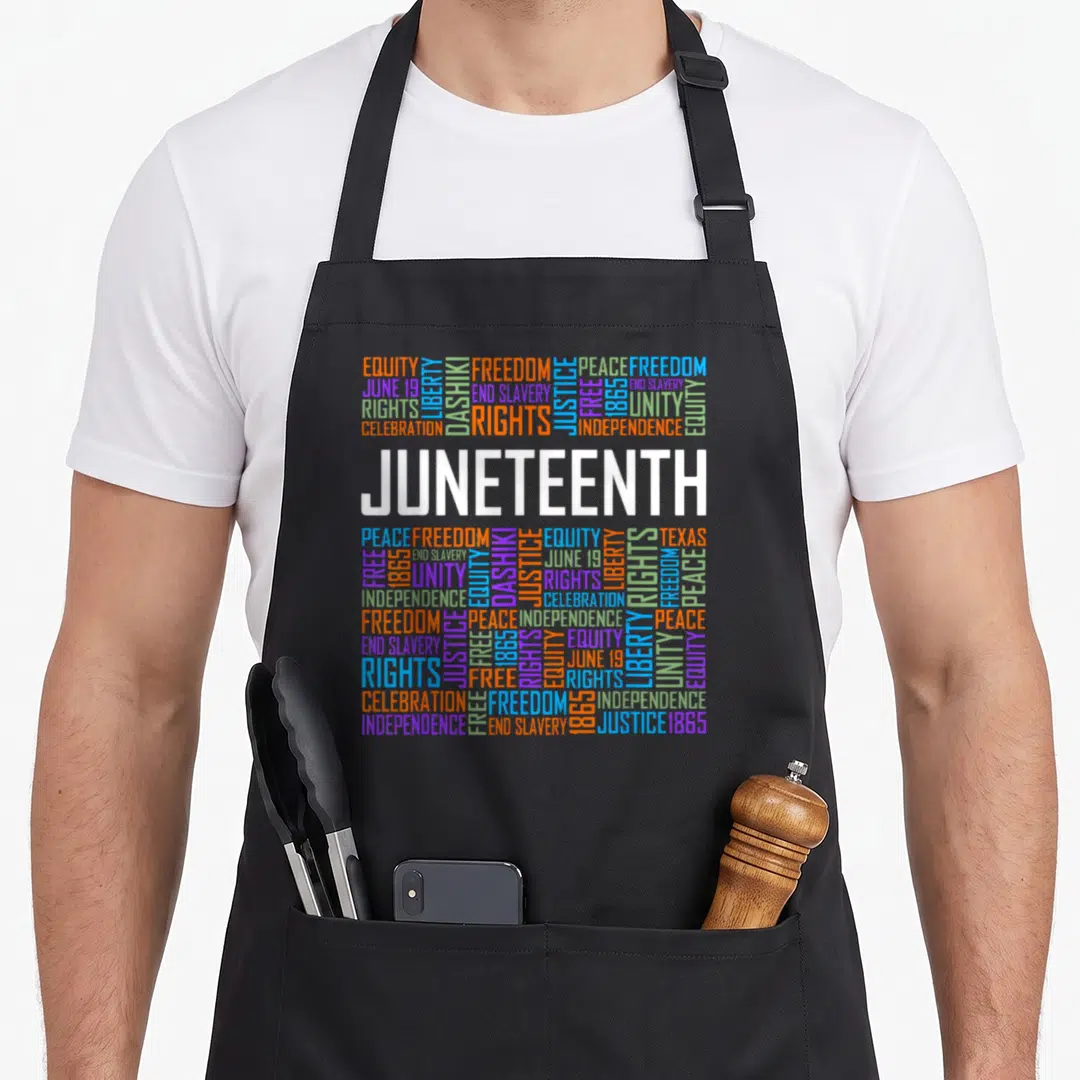 Juneteenth history african american aprons - Word cloud design with Juneteenth, Freedom, Equity, and 1865 in white — shown on a black cotton canvas apron against a white background