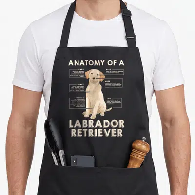 Anatomy retriever labrador apron - Yellow dog diagram with labels for selective hearing ears and three stomachs — shown on a black cotton canvas apron against a white background