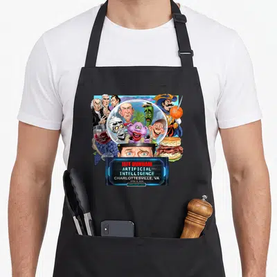 Dunham charlottesville apron - Jeff Dunham Artificial Intelligence Charlottesville VA April 8 2026 cartoon dome puppets — shown on a black cotton canvas apron against a white background