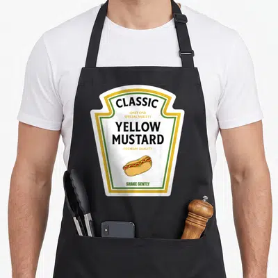 Mustard halloween apron - Retro shield label reading Classic Yellow Mustard with hot dog illustration — shown on a black cotton canvas apron against a white background