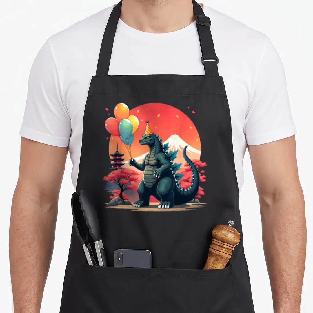 Birthday japan apron - Cartoon kaiju with party hat and balloons framed by red sun, pagoda, and cherry trees — shown on a black cotton canvas apron against a white background
