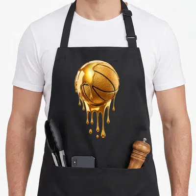 Dripping trendy apron - Realistic gold basketball with liquid dripping down the surface — shown on a black cotton canvas apron against a white background