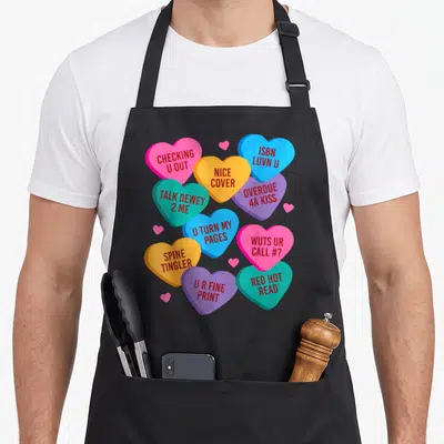 Librarian valentine apron - Colorful hearts with library puns like Talk Dewey 2 Me and Overdue 4A Kiss in red text — shown on a black cotton canvas apron against a white background