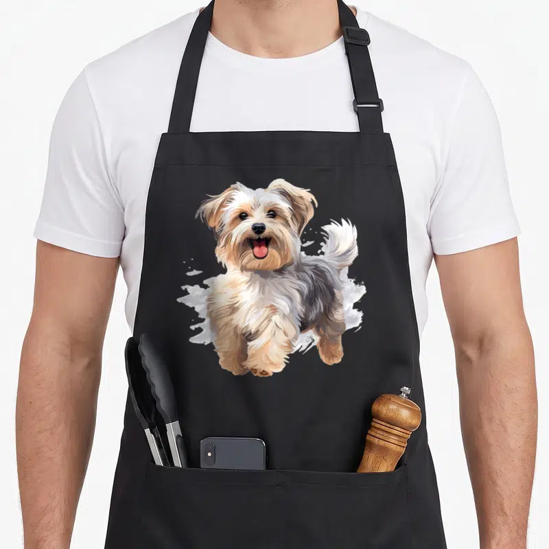Morkie top dog aprons - Cartoon Morkie dog in white tan and brown fur on grey paint splash background — shown on a black cotton canvas apron against a white background