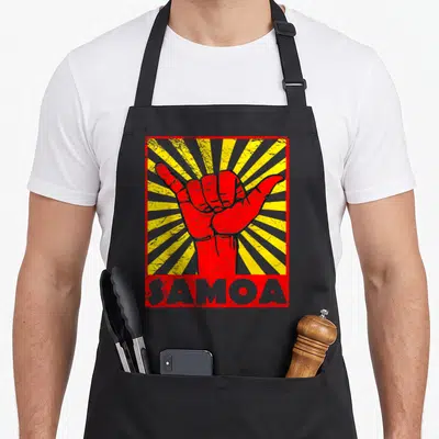 Beach samoa apron - Red shaka hand on yellow grey sunburst with SAMOA text in distressed style — shown on a black cotton canvas apron against a white background