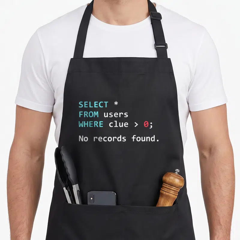 Sql devops apron - SQL query text SELECT * FROM users WHERE clue > 0 No records found in blue white and red — shown on a black cotton canvas apron against a white background