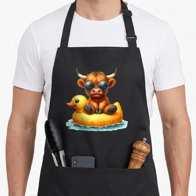 Duck highland cow apron - Cartoon brown highland cow in yellow duck floatie on blue water — shown on a black cotton canvas apron against a white background
