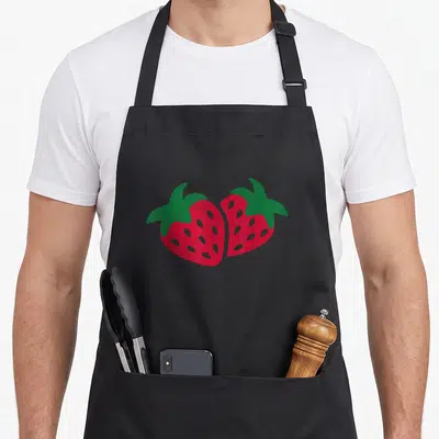 Vintage strawberry apron - Two red cartoon strawberries with green tops facing each other on black fabric — shown on a black cotton canvas apron against a white background