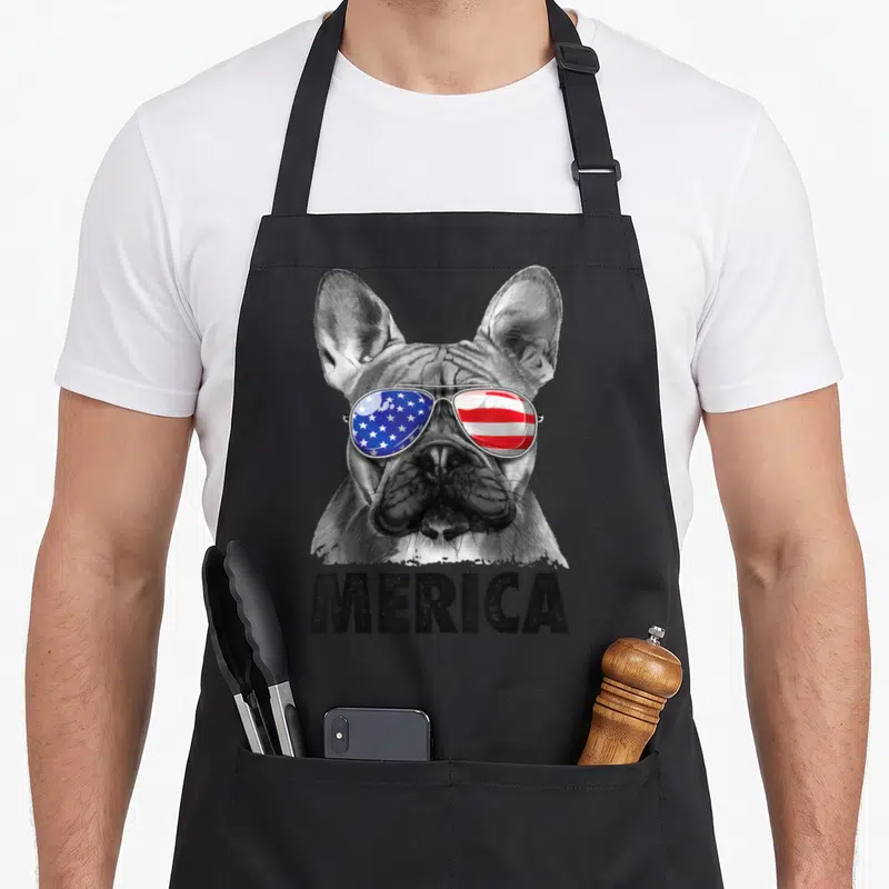French bulldog 4th of july apron - Realistic French Bulldog head wearing sunglasses with USA flag reflection and merica — shown on a black cotton canvas apron against a white background