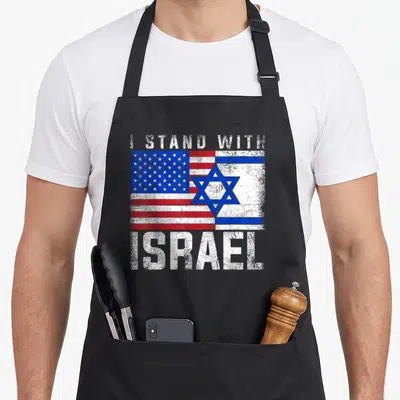 Stand israeli boy apron - Distressed US and Israeli flags with I STAND WITH ISRAEL text in red white blue — shown on a black cotton canvas apron against a white background
