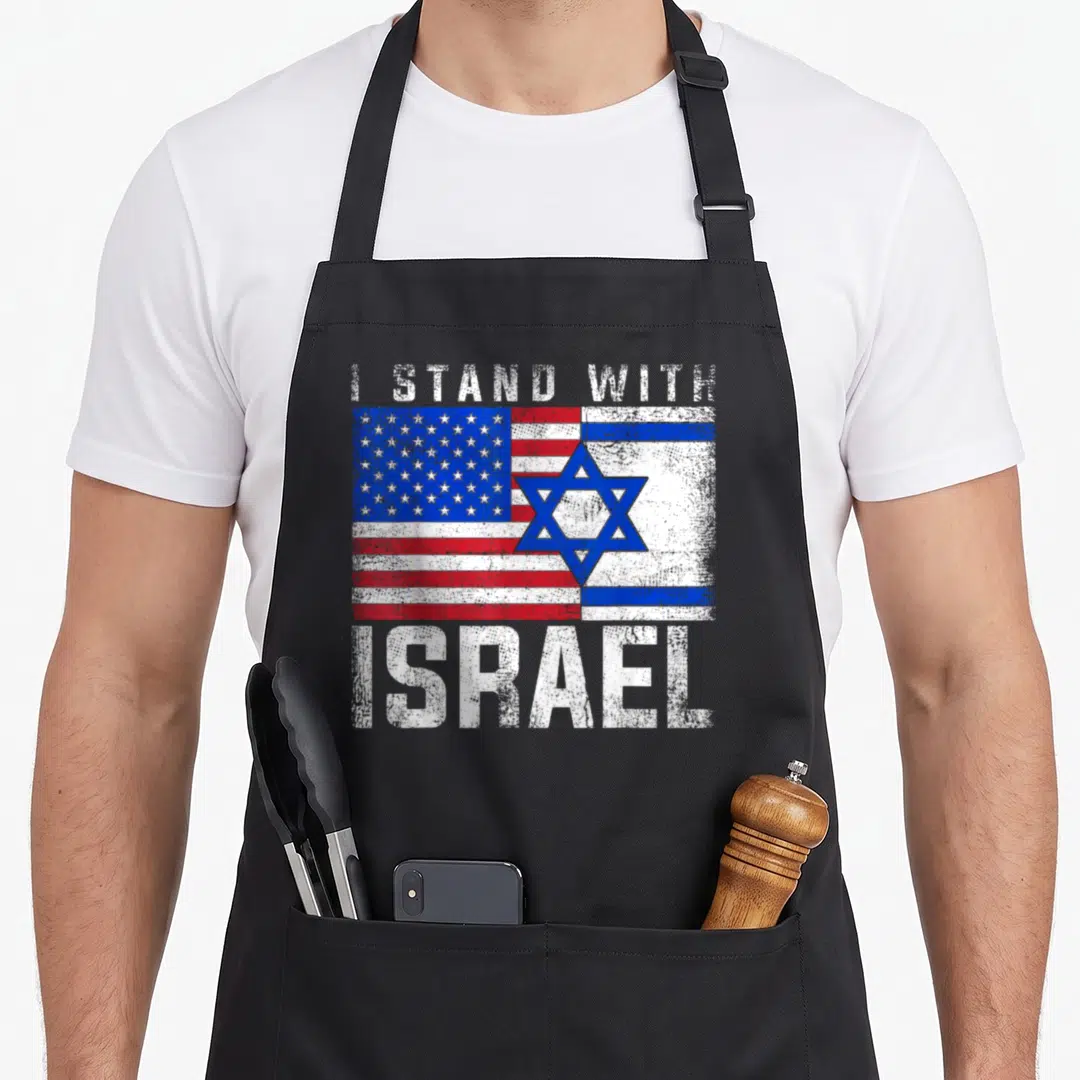 Stand israeli boy apron - Distressed US and Israeli flags with I STAND WITH ISRAEL text in red white blue — shown on a black cotton canvas apron against a white background