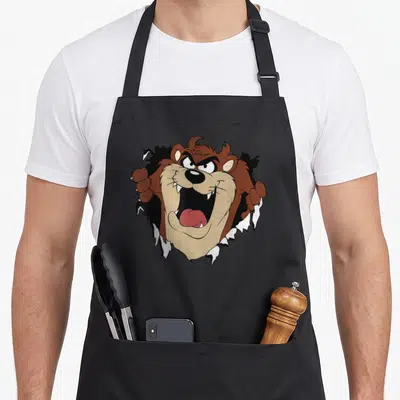 Taz looney tune apron - Cartoon bear bursting through torn black and white fabric with brown fur and tan muzzle — shown on a black cotton canvas apron against a white background