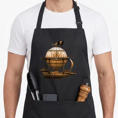 Steampunk balloon apron - Airship with wooden hull, rooster, and black flag in brown and gold — shown on a black cotton canvas apron against a white background