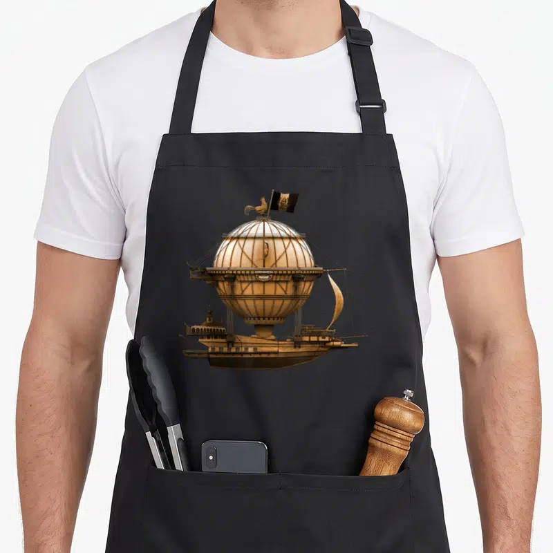 Steampunk balloon apron - Airship with wooden hull, rooster, and black flag in brown and gold — shown on a black cotton canvas apron against a white background
