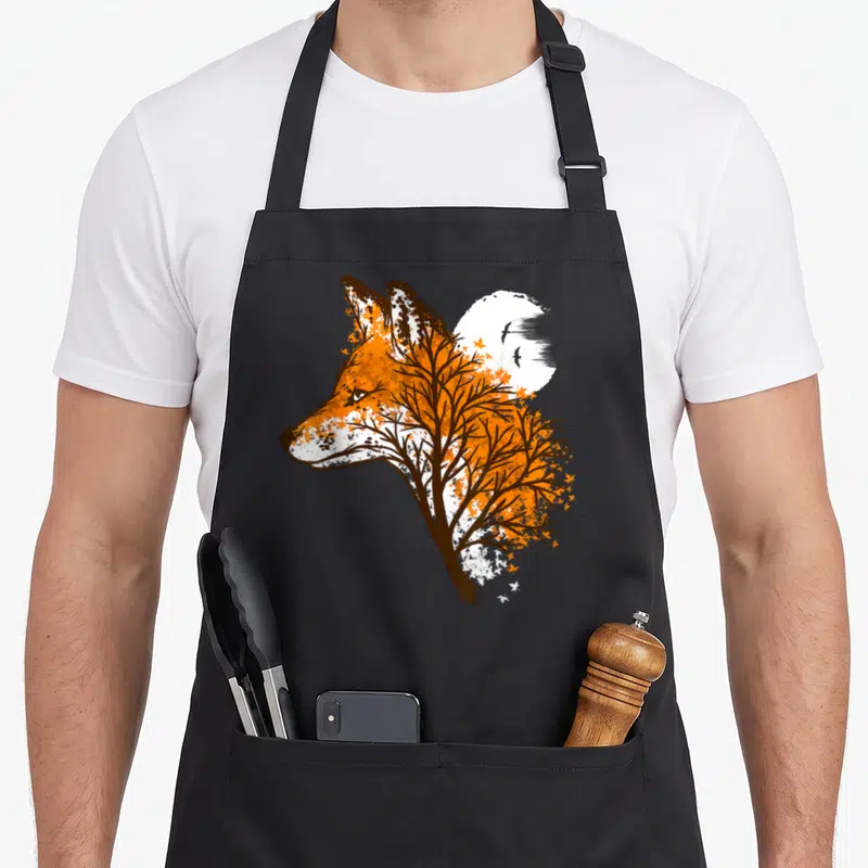 Beautiful fox print apron - Orange fox profile formed by brown tree branches with white moon and two birds — shown on a black cotton canvas apron against a white background