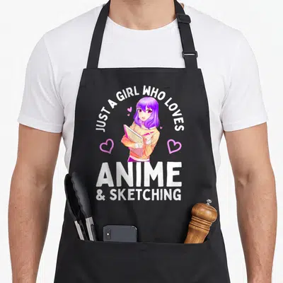 Cool sketching anime apron - Anime girl with purple hair holding sketchbook surrounded by hearts and white text — shown on a black cotton canvas apron against a white background