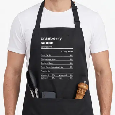 Sauce nutrition thanksgiving apron - White nutrition facts label reading cranberry sauce with 110 calories and zero fat — shown on a black cotton canvas apron against a white background