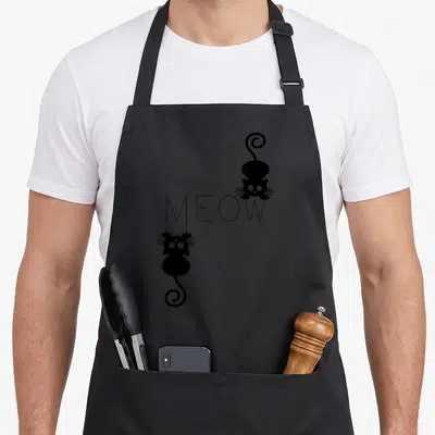 Meow kitty cat apron - Minimalist black print of two cats and centered MEOW text — shown on a black cotton canvas apron against a white background