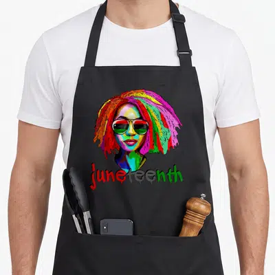 Dope queen apron - Multicolored cartoon woman with sunglasses and dripping juneteenth text — shown on a black cotton canvas apron against a white background