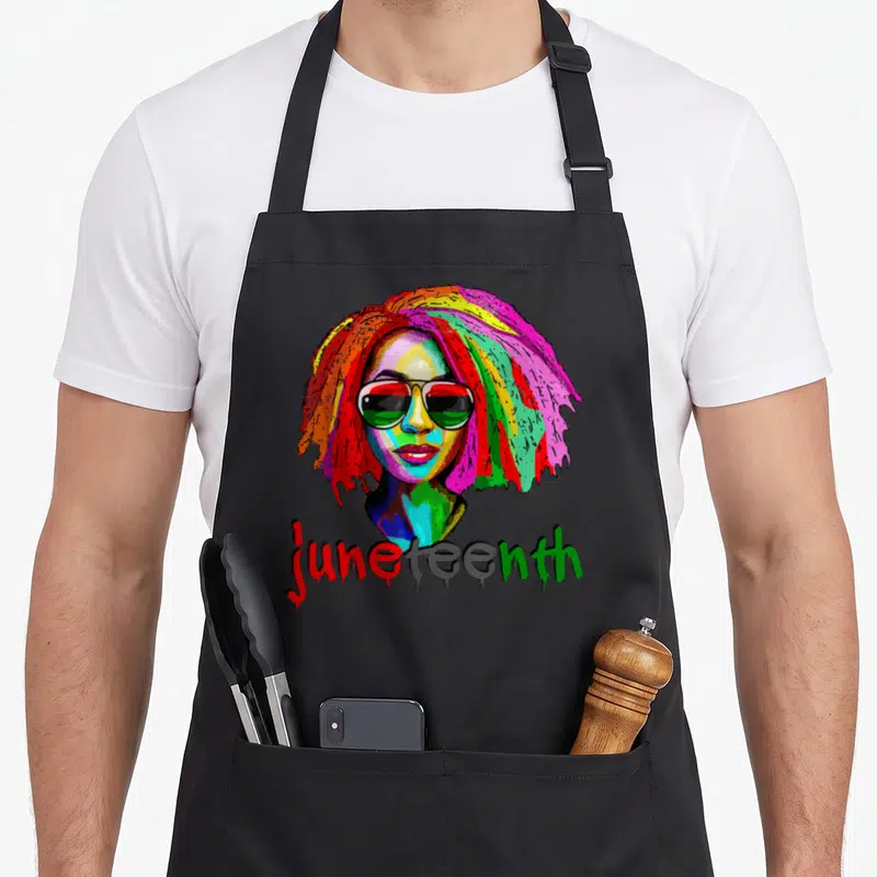 Dope queen apron - Multicolored cartoon woman with sunglasses and dripping juneteenth text — shown on a black cotton canvas apron against a white background