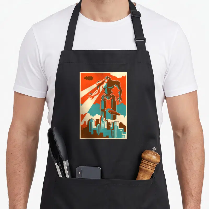 Attacking robot apron - Giant retro robot shooting eye beams over city skyline with blimp in orange and blue — shown on a black cotton canvas apron against a white background