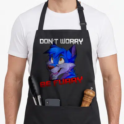 Peekay larping apron - Blue cartoon fox head with Don't Worry Be Furry text in red and white — shown on a black cotton canvas apron against a white background