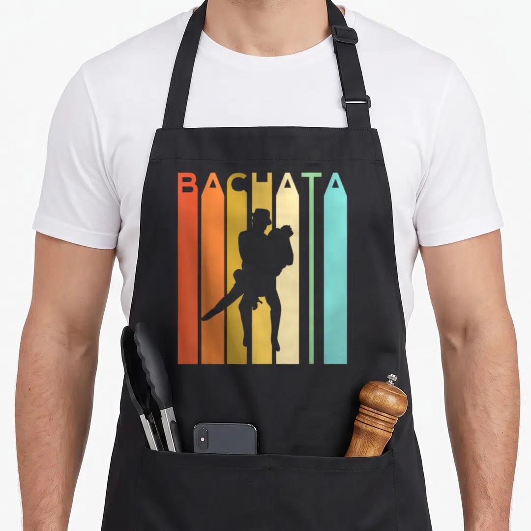 Latina bachata apron - Grey dancing couple silhouette over vertical red orange yellow beige green and blue stripes — shown on a black cotton canvas apron against a white background
