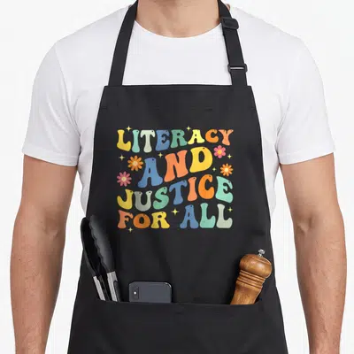 Funny justice literacy apron - Retro bubbly text LITERACY AND JUSTICE FOR ALL with small flowers and stars in yellow — shown on a black cotton canvas apron against a white background