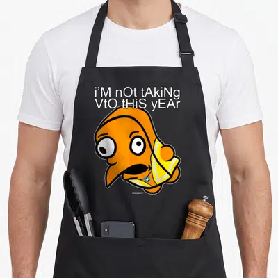 Mocking meme apron - Orange cartoon bird in yellow safety vest below text i'M nOt tAkInG VtO tHiS yEAr — shown on a black cotton canvas apron against a white background