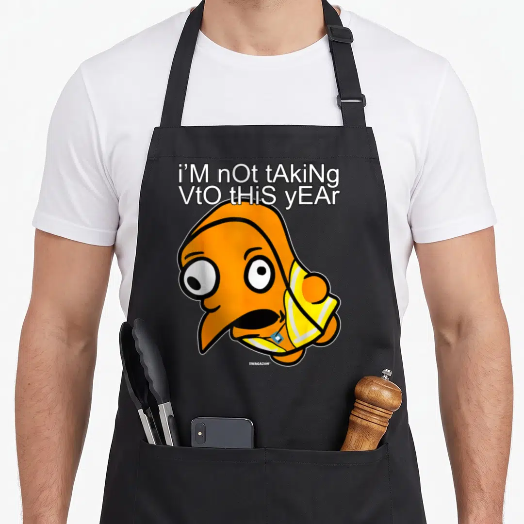 Mocking meme apron - Orange cartoon bird in yellow safety vest below text i'M nOt tAkInG VtO tHiS yEAr — shown on a black cotton canvas apron against a white background