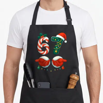 Meme holiday christmas aprons - Number 67 as candy cane and Christmas tree with red hands holding string lights — shown on a black cotton canvas apron against a white background