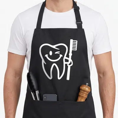 Smiling tooth apron - White cartoon tooth winking and holding a toothbrush — shown on a black cotton canvas apron against a white background