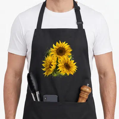 Sunflower floral apron - Three yellow sunflowers with brown centers and green leaves in a watercolor cluster — shown on a black cotton canvas apron against a white background