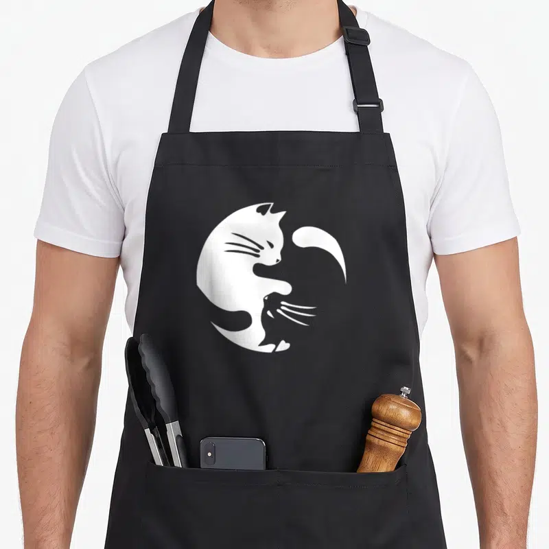 Yin cat apron - Two white cats curled into a minimalist yin-yang circle design — shown on a black cotton canvas apron against a white background
