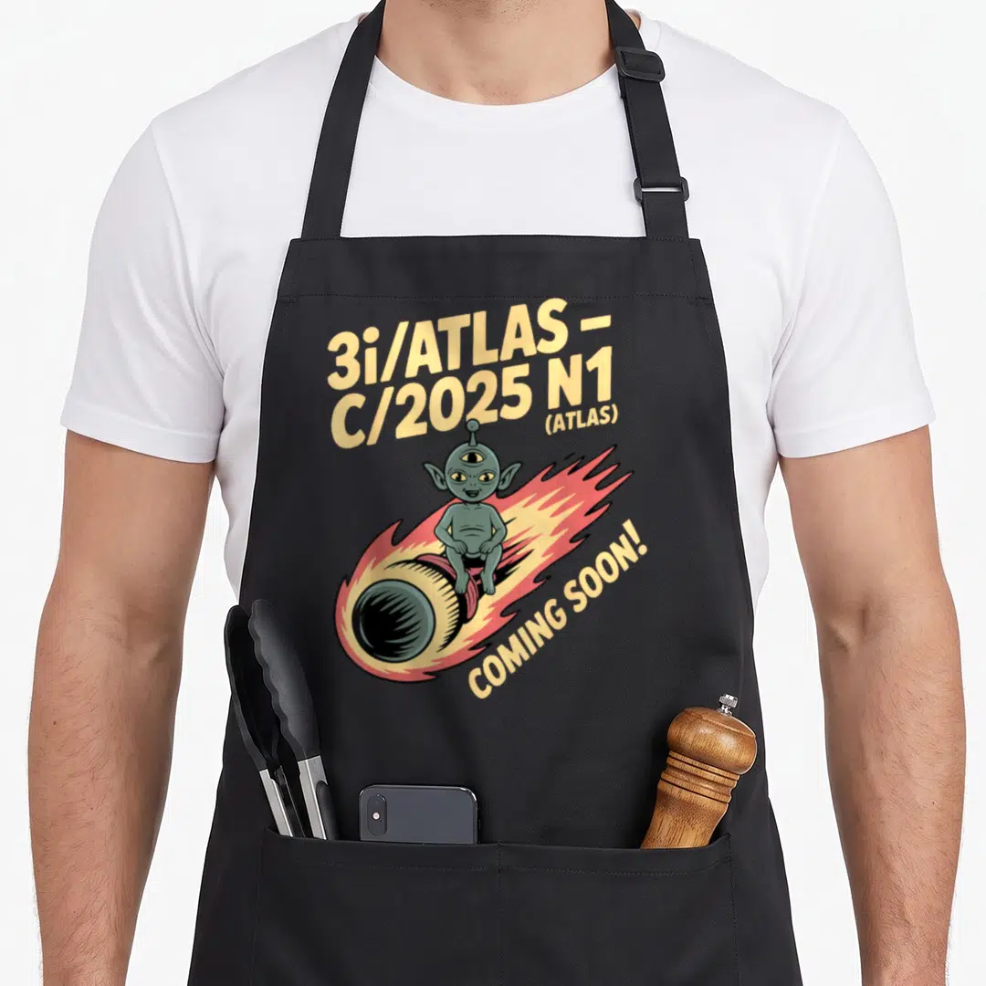 Arrival atlas apron - Three-eyed alien riding orange and red comet with beige text 3i/ATLAS C/2025 N1 COMING SOON — shown on a black cotton canvas apron against a white background