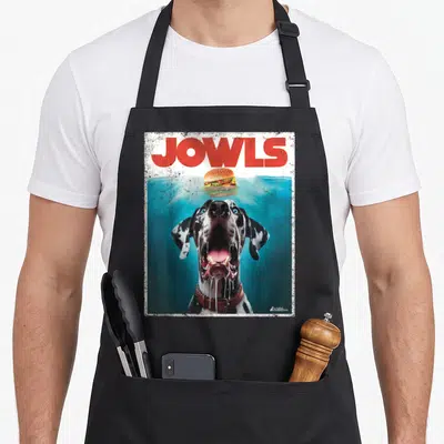 Harlequin dog apron - Realistic black and white dog with blue eyes looking at a floating hamburger under red JOWLS text — shown on a black cotton canvas apron against a white background