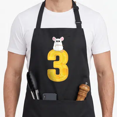 Three blind halloween apron - White cartoon mouse with sunglasses on yellow cheese number 3 — shown on a black cotton canvas apron against a white background