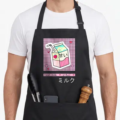 Milk anime apron - Cartoon strawberry milk carton on pink grid with hearts and Japanese text — shown on a black cotton canvas apron against a white background