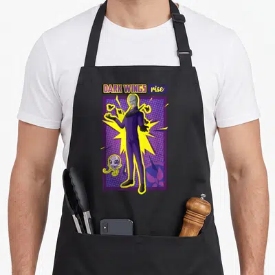 Miraculous hawk lover apron - Villain character with dark wings rise text, purple suit, yellow burst, small creature — shown on a black cotton canvas apron against a white background