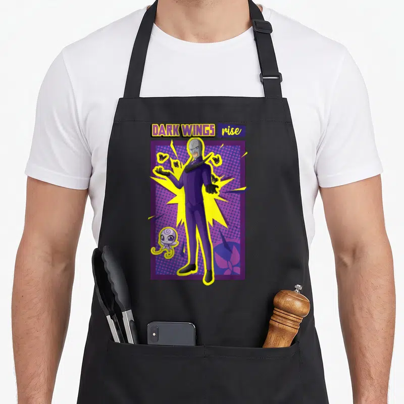 Miraculous hawk lover apron - Villain character with dark wings rise text, purple suit, yellow burst, small creature — shown on a black cotton canvas apron against a white background