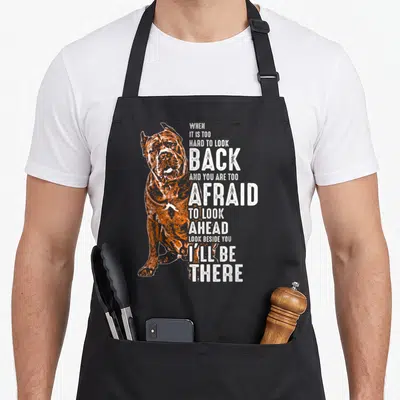 Corso dog italian cane apron - Orange and white distressed Cane Corso illustration with stacked supportive text — shown on a black cotton canvas apron against a white background
